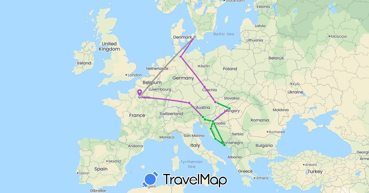 TravelMap itinerary: driving, bus, plane, train in Austria, Czech Republic, Germany, Denmark, France, Croatia, Hungary, Slovenia (Europe)