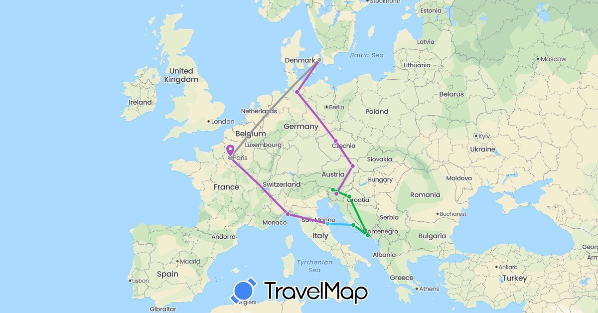 TravelMap itinerary: driving, bus, plane, train, boat in Austria, Czech Republic, Germany, Denmark, France, Croatia, Italy, Slovenia (Europe)